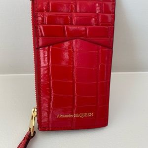 ALEXANDER McQUEEN Skull Croc Zipped Leather Coin Purse || Scarlet Red NWOT